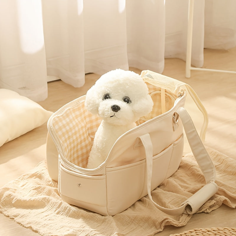 Fluffybaby Portable Pet Travel Bag: Lightweight and breathable design with zip closure. Beige polyester carrier with checkered interior, handle, and minimalist design for small dogs and