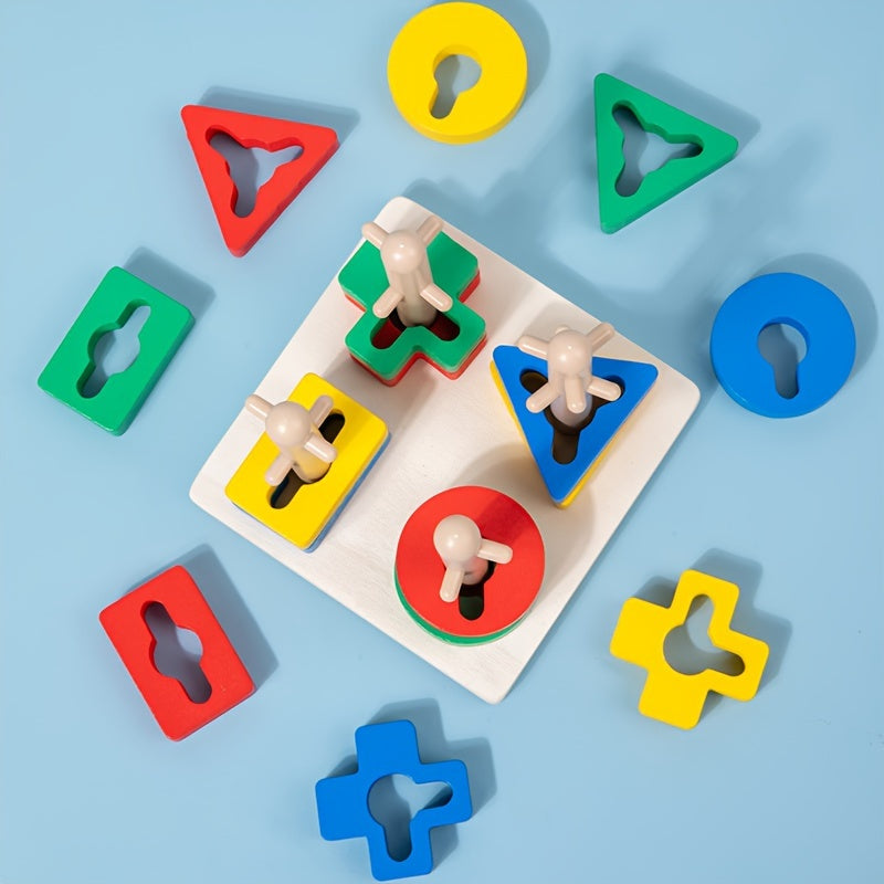 Educational wooden geometric shape sorter puzzle with stacking rings and blocks for cognitive development.