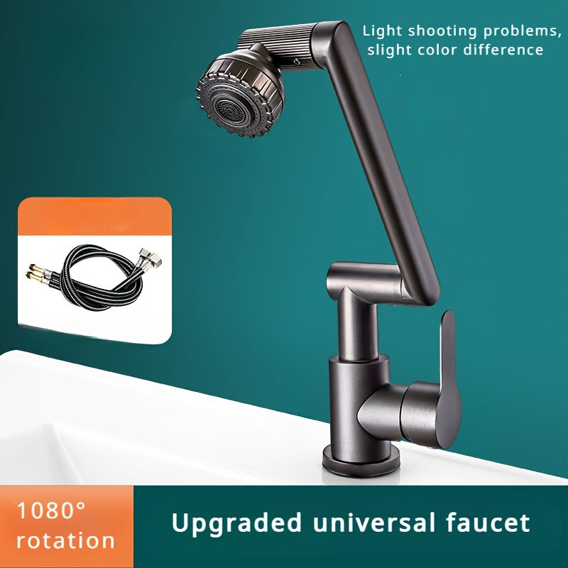 Luxury rotary RV bathroom faucet set with durable ABS construction, hot & cold water mixing, single hole deck mount, silvery plated finish, and water-saving design for easy installation.