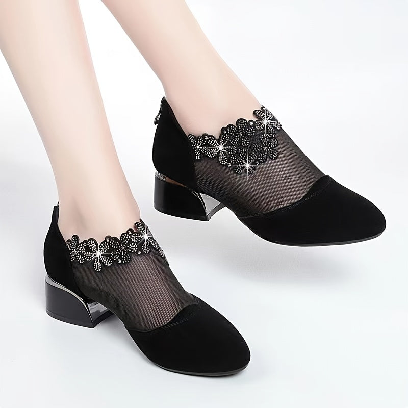 Women's Rhinestone Mesh Block Heel Zipper Dress Shoes