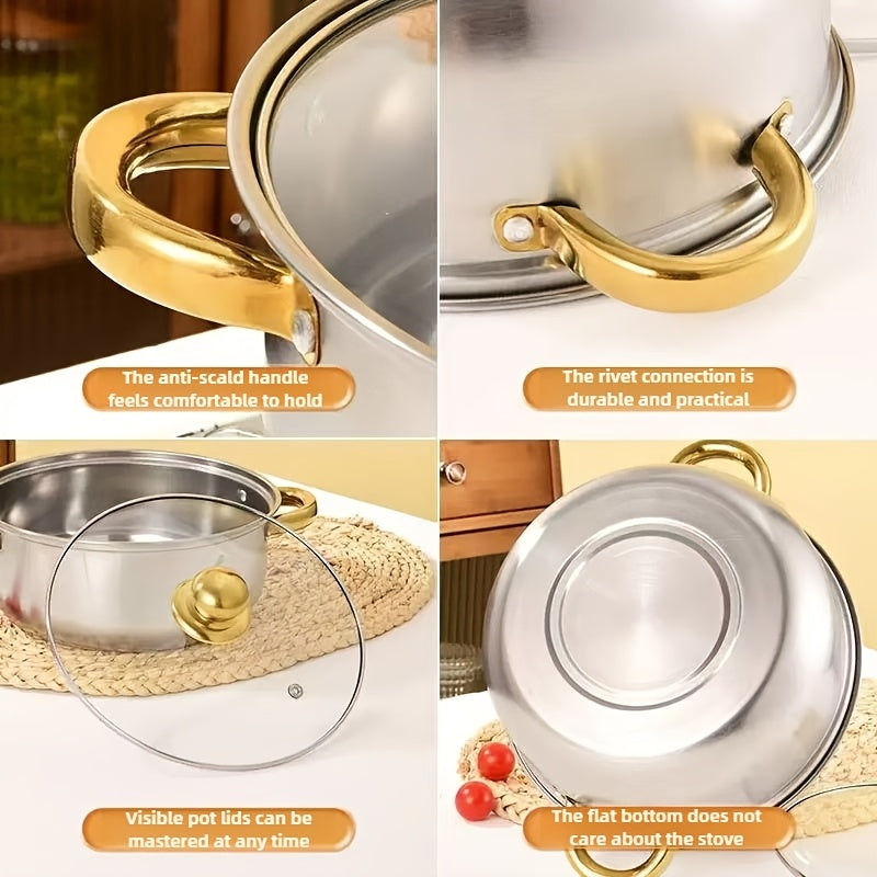 10-piece cookware set with gold-plated stainless steel double-handled soup pots for outdoor use.