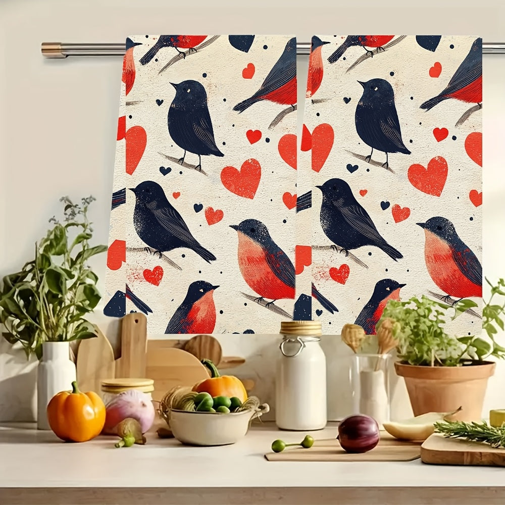 Two ultra-soft kitchen towels decorated with birds symbolizing Valentine's Day. These highly absorbent dish towels are perfect for holiday decor, machine washable, and measure 40.64x60.96 cm.