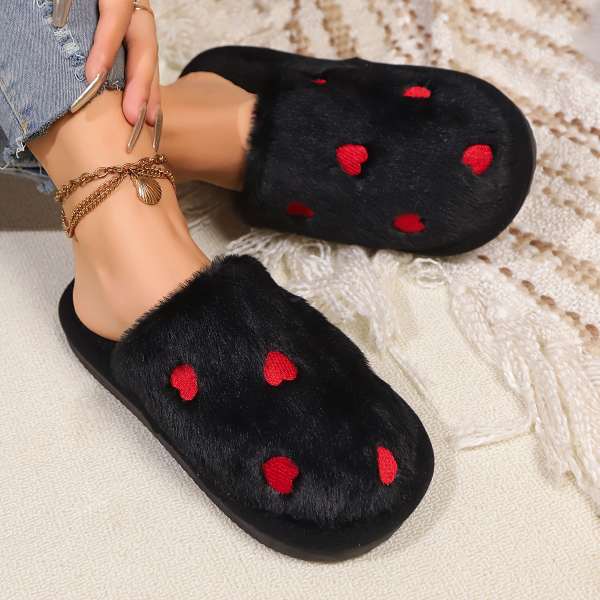 Soft and warm women's winter slippers with heart pattern - cozy and cute design, non-slip sole, hand washable, available in black, white, pink.