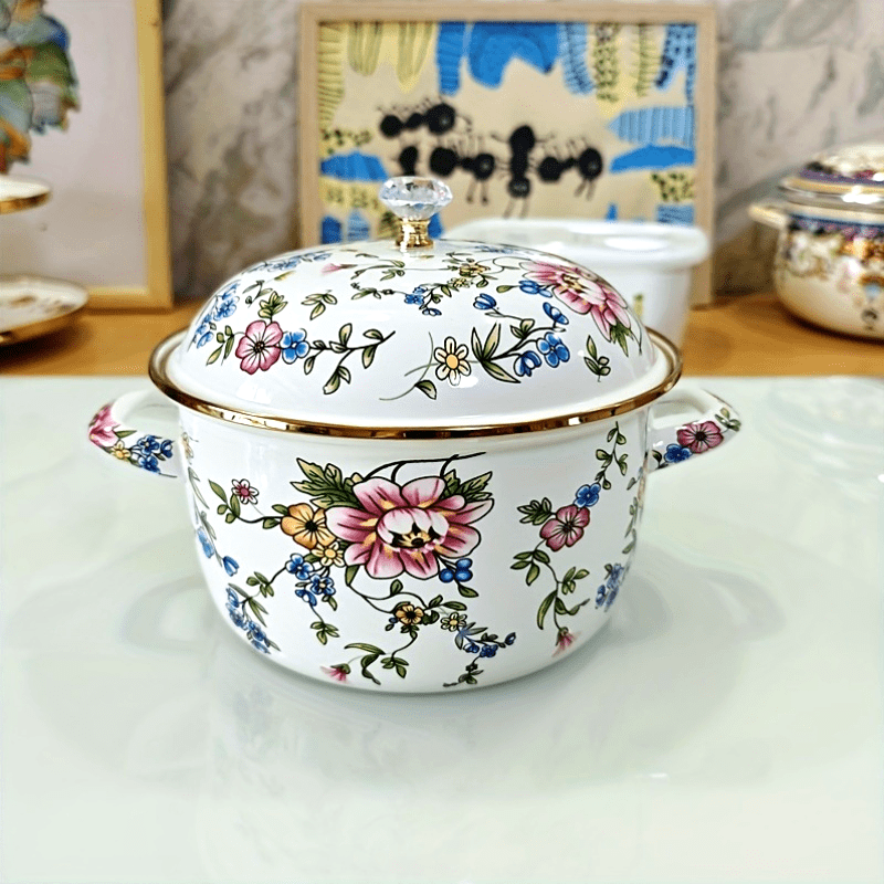 Enamel Stockpot with Lid, Floral Design and Double Handle Cooking Pot for Home Kitchen Soup, Stew, and Casseroles.