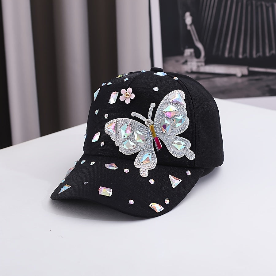 Lightweight cotton baseball cap with butterfly embellishments, rhinestone accents, adjustable fit, and woven craftsmanship. Fashionable sun protection hat for special occasions.