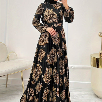 Leopard Print Crew Neck Abayas Dress, Elegant Long Sleeve Maxi Length Women's Clothing