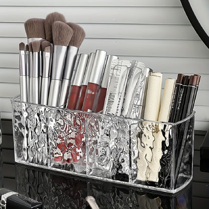 Clear PET Makeup Organizer with 4 compartments for brushes, lipsticks, and accessories, ideal for storage.