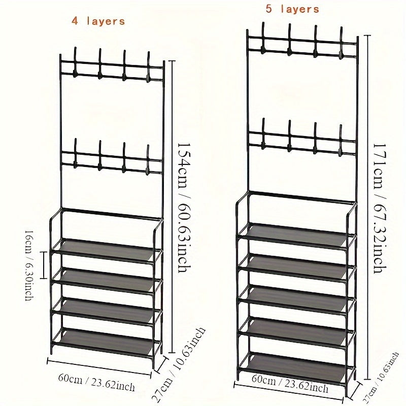 Create a Stylish and Organized Entrance with the [Modern Charm] Black Metal Entryway Organizer - 152.4cmxMJ Coat Rack Featuring Hooks & Shoe Shelves. Made from Durable Zinc Alloy with a Bubble-Free Finish, Perfect for Storing Clothes, Hats, Bags, and