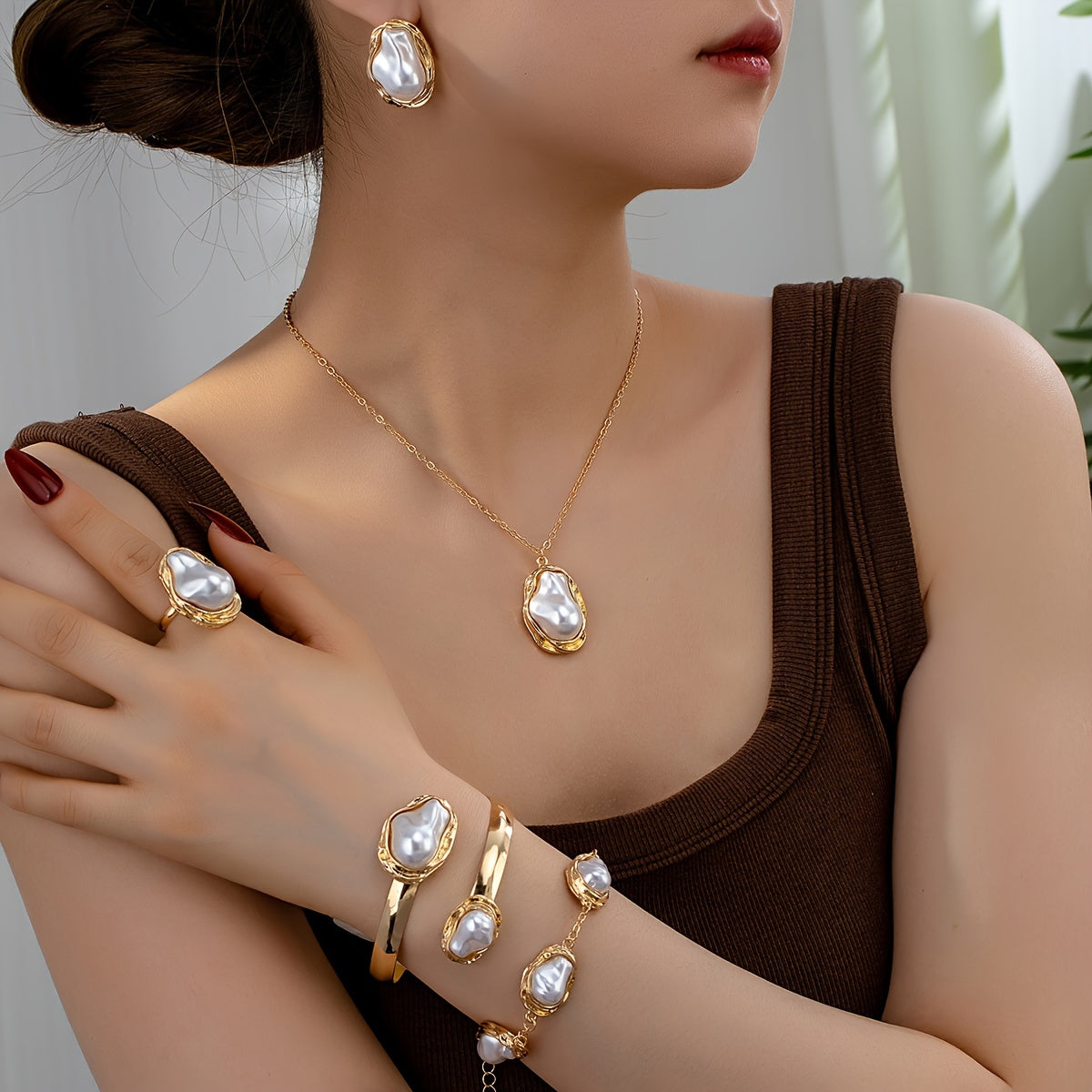 Exquisite Jewelry Set: 14K Gold Plated Alloy with Faux Pearls - Necklace, Earrings, Ring, and Bangle for Women - Perfect for Everyday and Formal Events