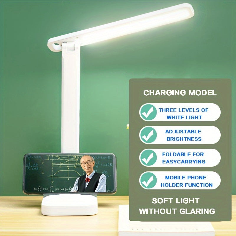 Adjustable white light LED desk lamp with USB rechargeable lithium battery, color changing feature, polished finish, suitable for reading and household lighting.