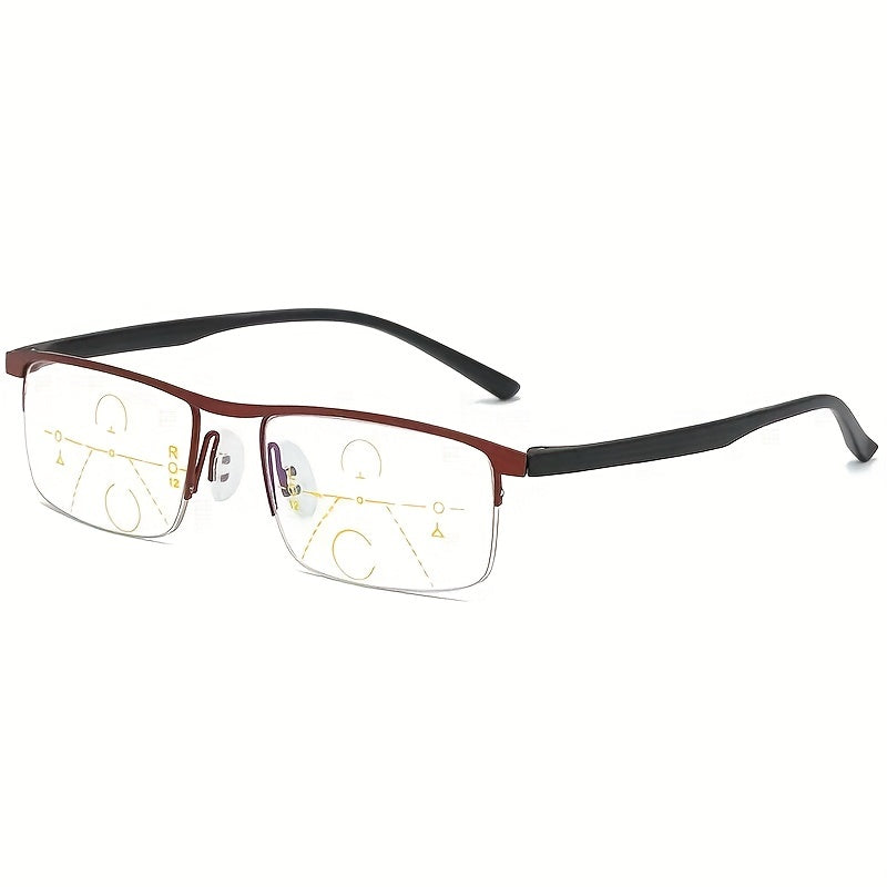 1 pair of progressive multi-focus reading glasses with semi-frame rectangular design for both men and women. Available in 3 colors with a mirror case.