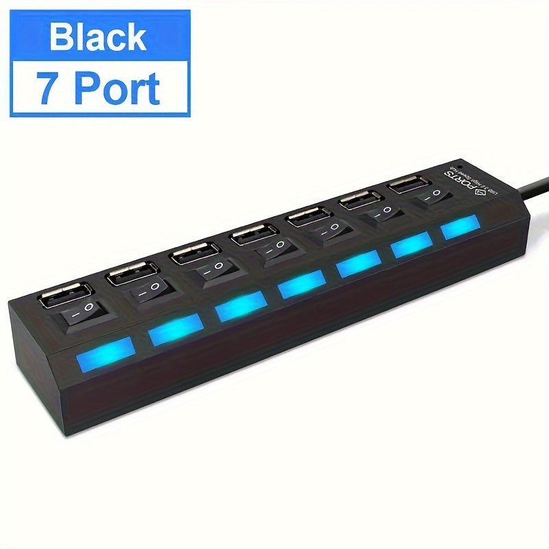 2pcs/1pc USB 2.0 Adapter Hub with 7 Ports/4 Ports and LED Light, Independent Power On/Off. For data transmission only, not for charging. Compatible with computer, tablet, and laptop.