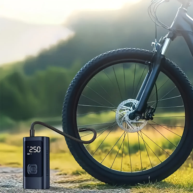 Rechargeable LED-lit tire inflator for cars, bikes, motorcycles, and sports balls. Perfect Father's Day gift.