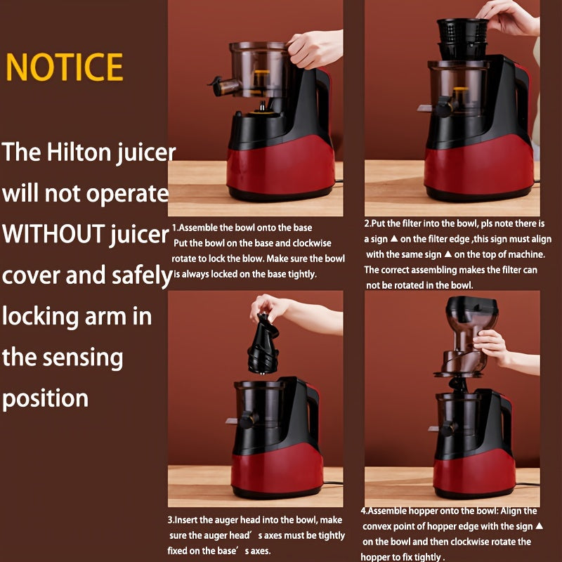 1pc Hilton Slow Juicer with non-slip base, detachable parts, and 1L capacity for fruits and vegetables.