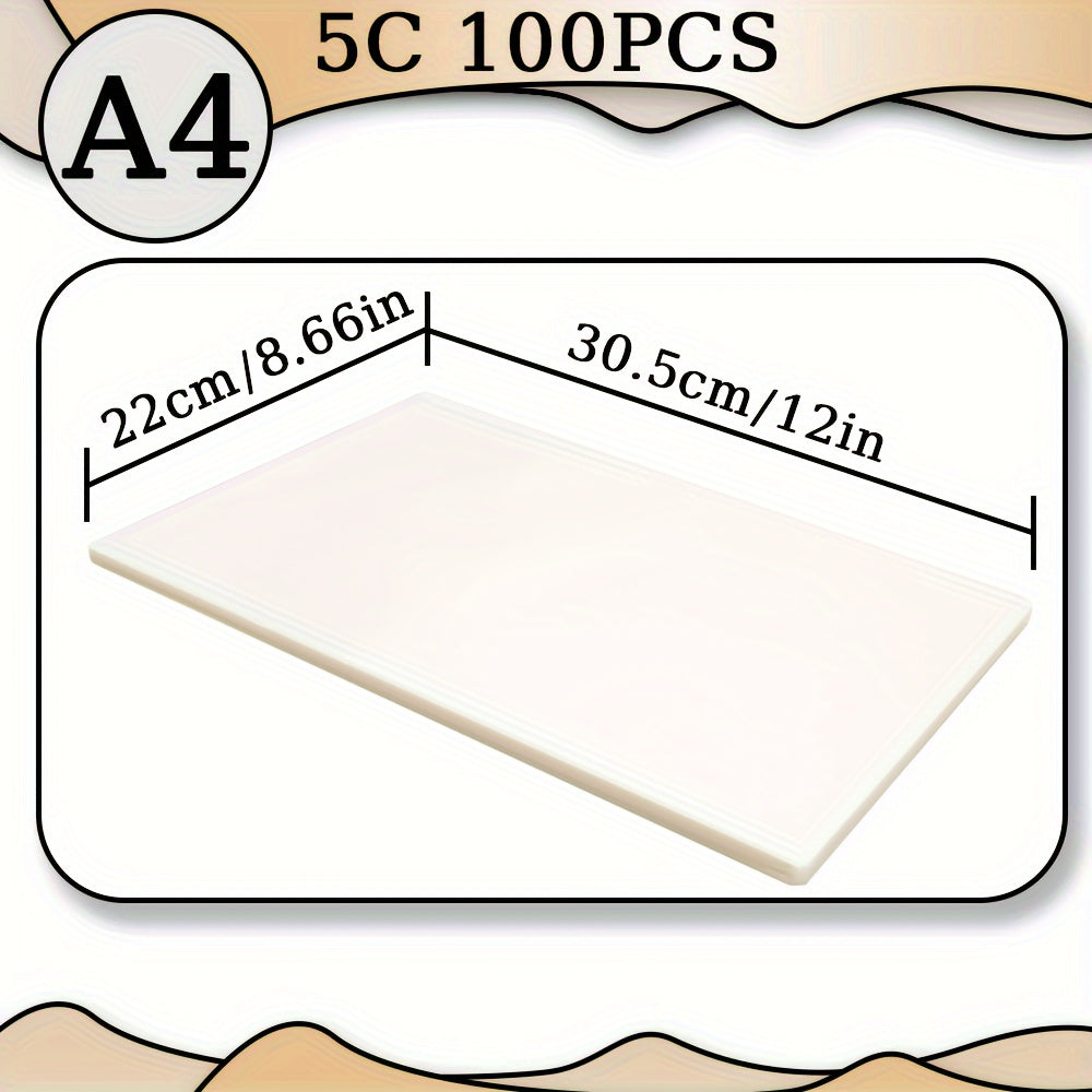 100 pack of 22.0 x 31.98 cm clear heat-laminated plastic sheets. 5 mil thick, suitable for A4 laminating, waterproof and ideal for documents and photo cards.