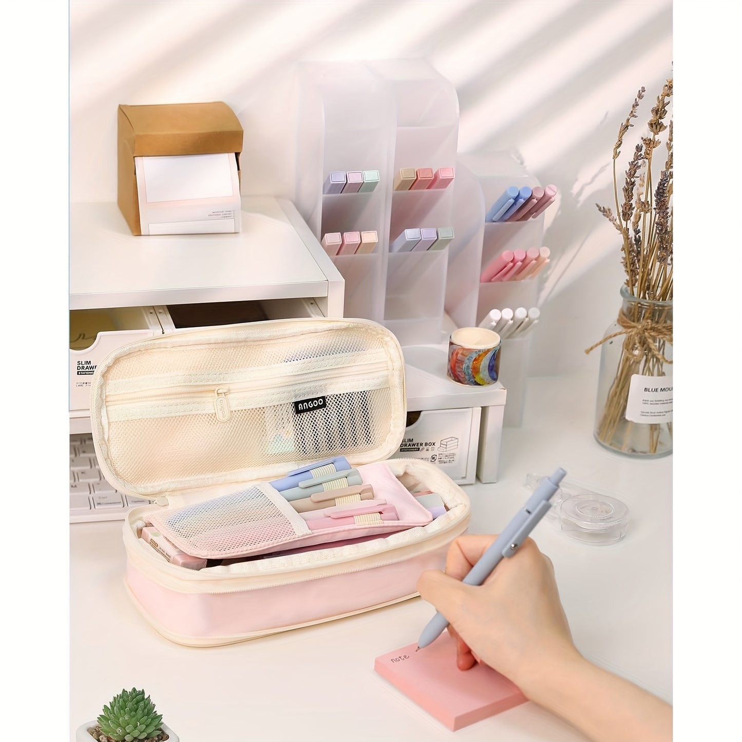 44-Piece Aesthetic Stationery Set with Large Pencil Case, Highlighters, Gel Rollerball Pens, Mechanical Pencils, Sticky Notes, Erasers, and Refills - Ideal Back to School Gift Kit