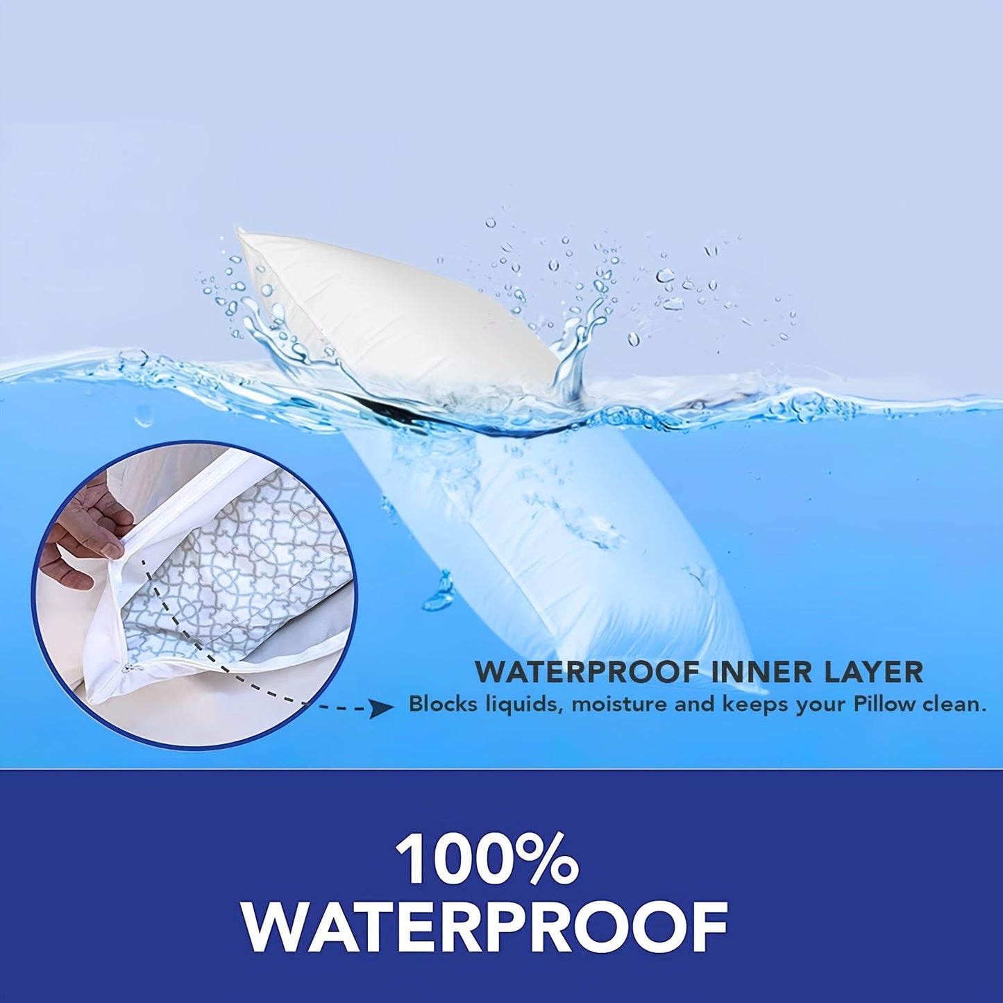 This pillow protector cover is made of 100% polyester knitted fabric that is waterproof and ultra-soft. The thick white pillowcase is breathable and machine washable with a zipper closure. It is water-resistant and features active printing, weighing 110g