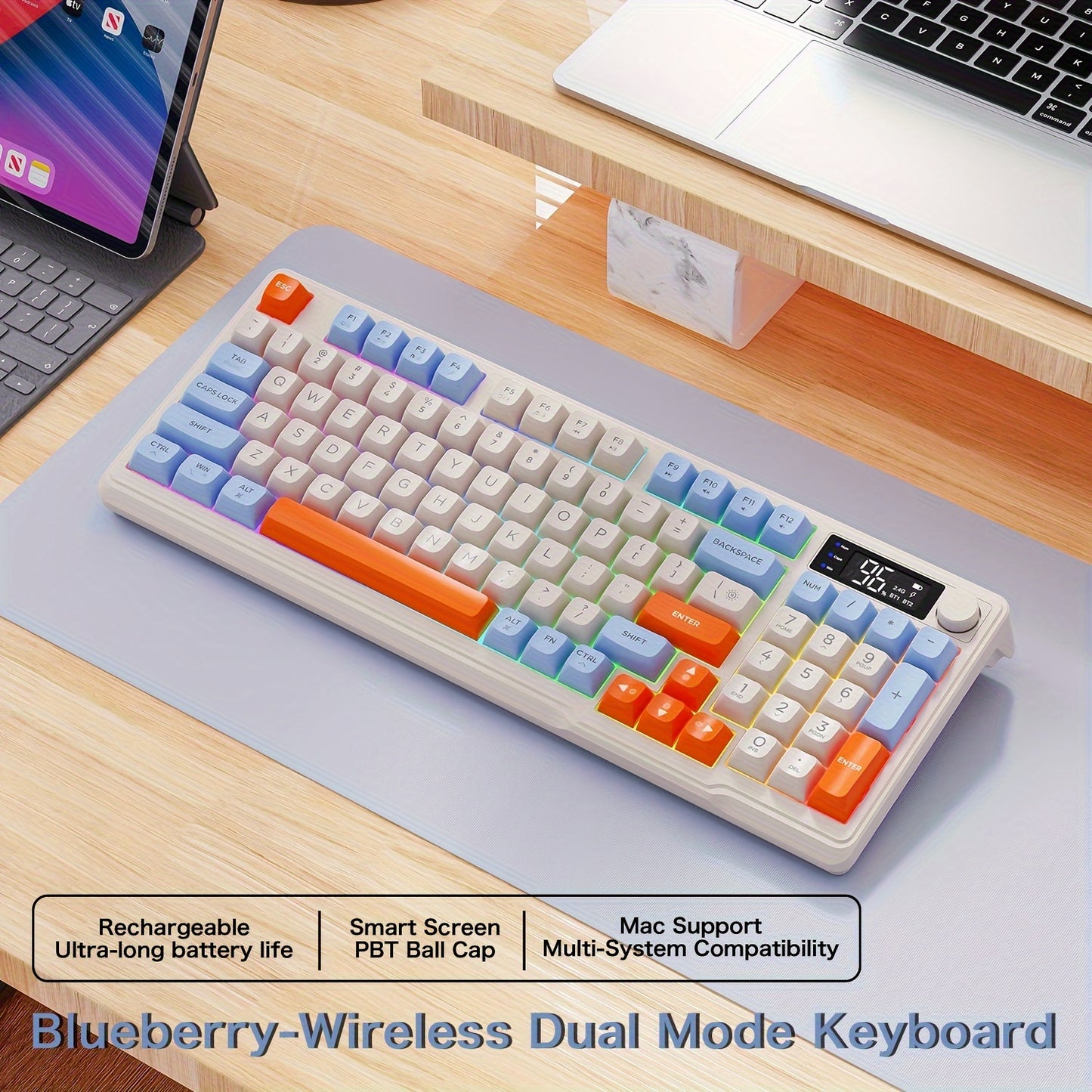 ZIYOULANG Dual-Mode BT Wireless Keyboard with Backlit Ergonomic PBT Ball Cap and Rechargeable Battery, USB Type-C Charging