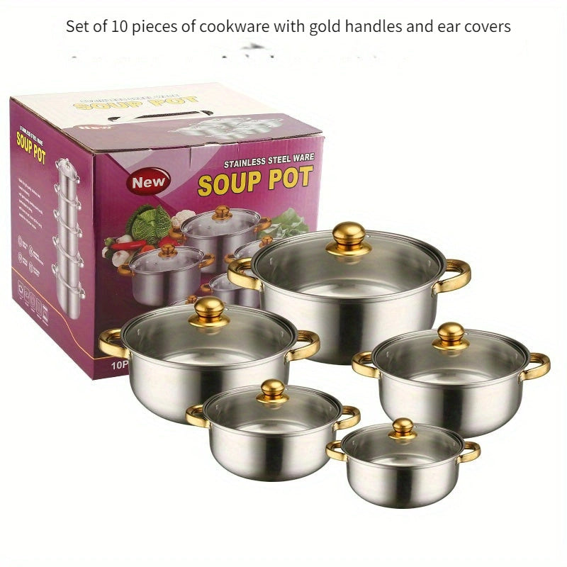 This Stainless Steel Cookware Set includes 10 pieces with lids, featuring Soup, Milk, and Sauce Pots in sizes ranging from 16.0cm to 25.4cm. Ideal for use in home kitchens.