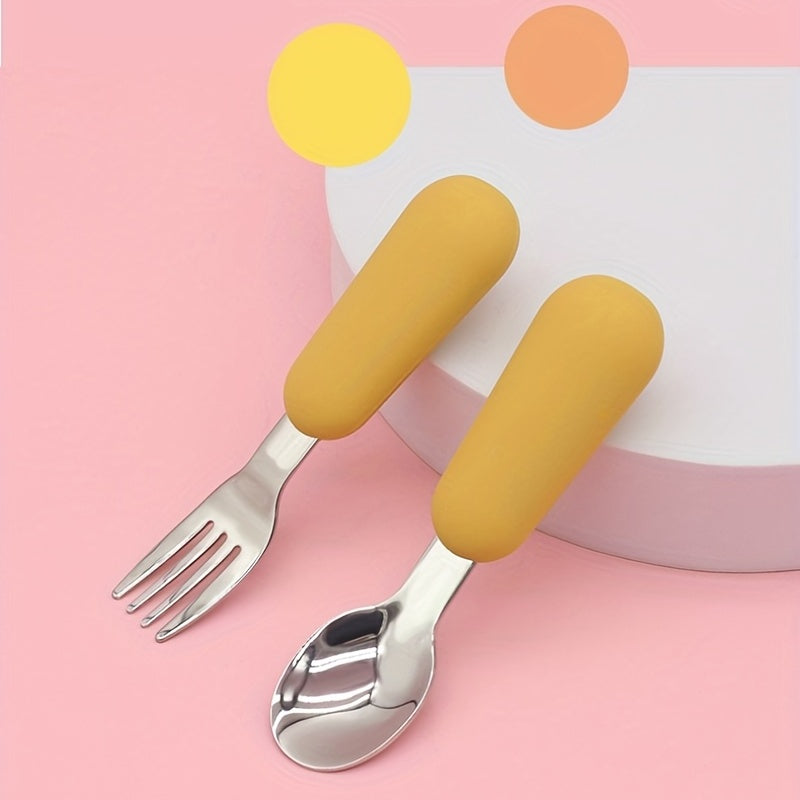 Set of 2 Stainless Steel Toddler Cutlery: Baby Fork and Spoon with Round Handles for Lunch Box - Safe and Perfect for Kids