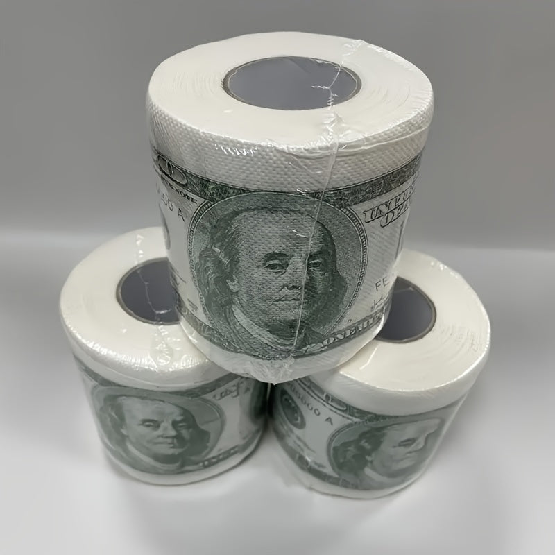 Pack of two-ply paper towels designed to resemble $100 bills, perfect for use as decorative toilet paper at parties.