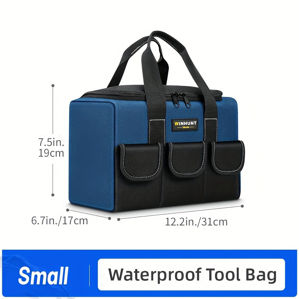 Durable tool bag with wide mouth for easy storage and organization, ideal for men, featuring inside pockets.