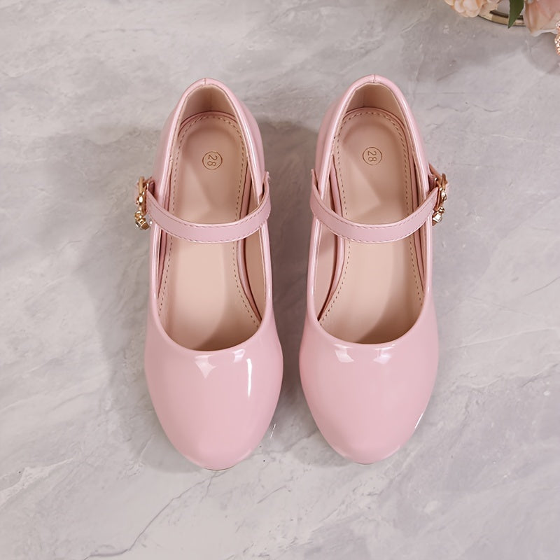 Girls' Princess High Heel Ballet Shoes in British campus style, ideal for weddings and formal events. Available in black, white, pink, and golden colors with a durable TPR sole.