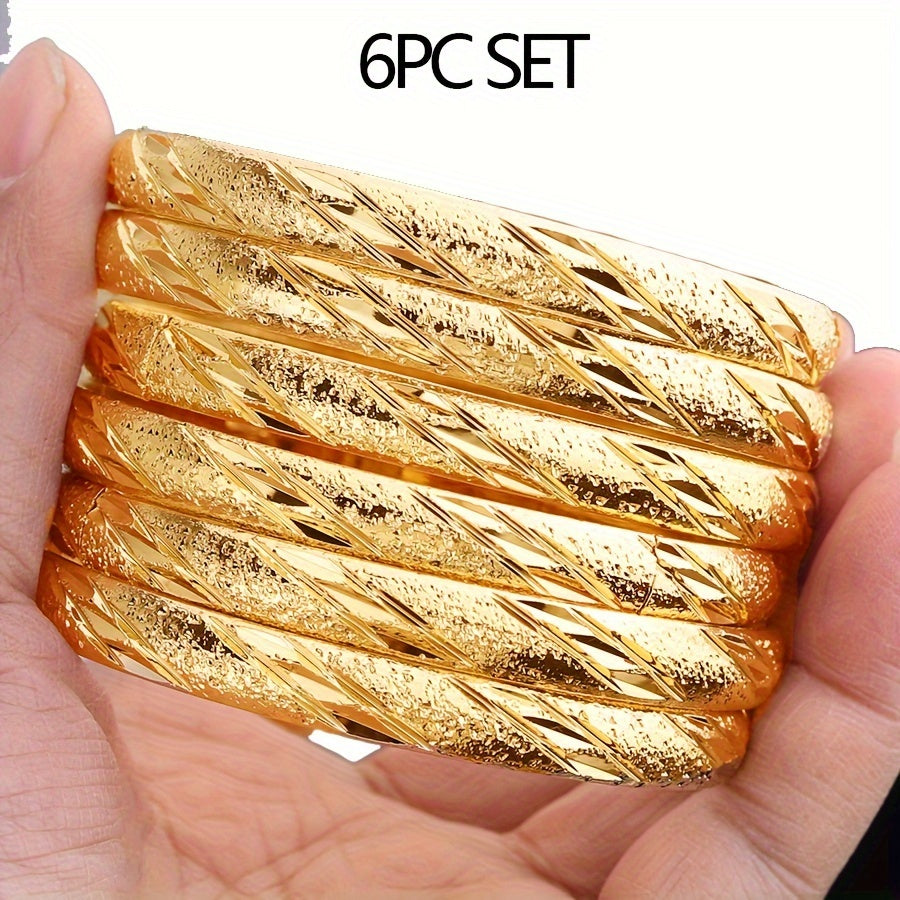 Set of 6 Middle Eastern style bangle bracelets, plated with 18K gold. This classical set is perfect for weddings, parties, and everyday wear for women.