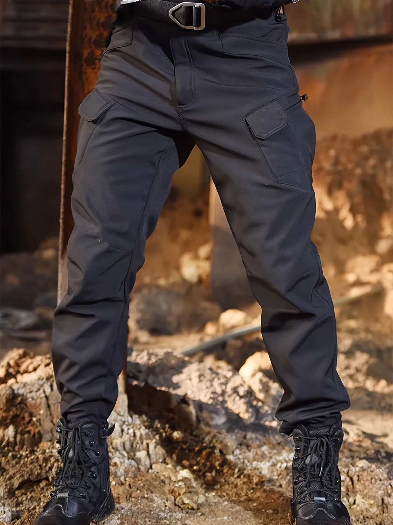 Fleece-lined tactical pants for men, made with warm, durable polyester-spandex blend. Features multiple pockets, adjustable waistband, and casual style for winter outdoor activities.