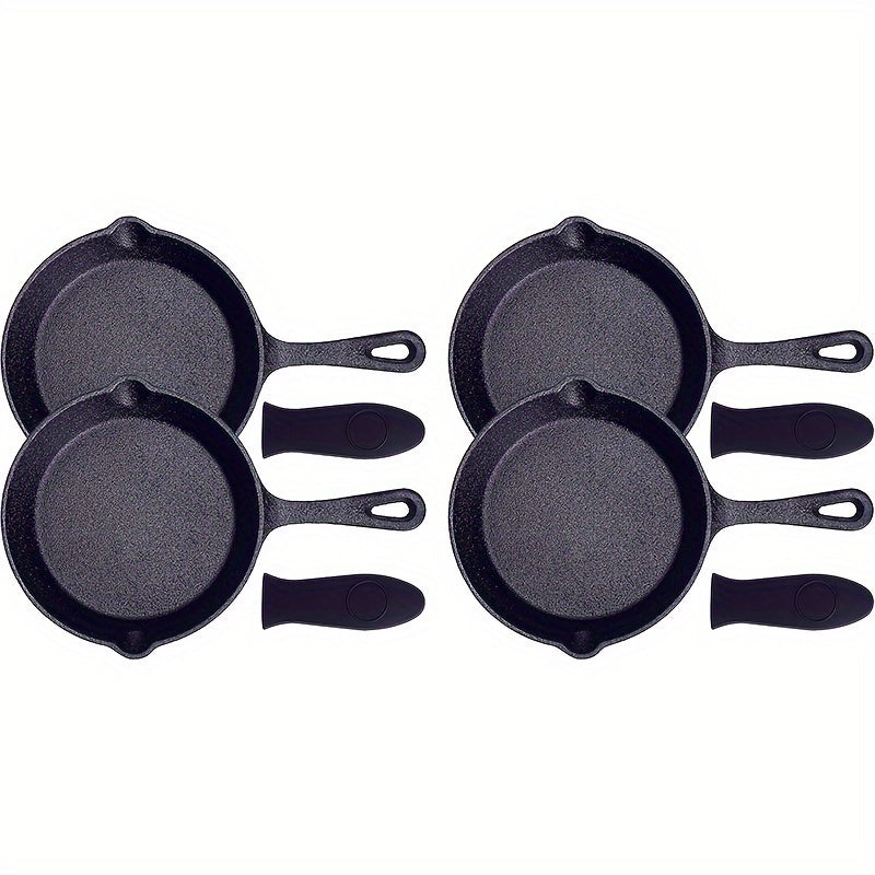 Set of 4 premium black, pre-seasoned cast iron frying pans - includes oven safe skillet, grill pan, nonstick cookware and bakeware perfect for casserole dish cooking in the fall season.