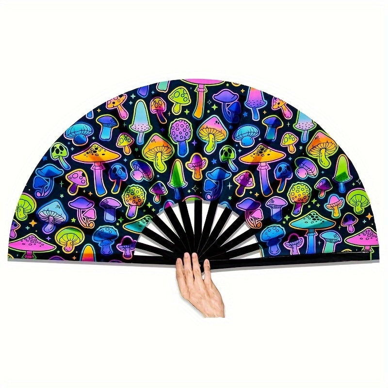 [Top Pick] Vibrant Neon Mushroom UV Glow Rave Folding Hand Fan - Large 13-Inch Bamboo Snap Fan for Men & Women, Perfect for Parties & Plant Themes - Requires No Electricity