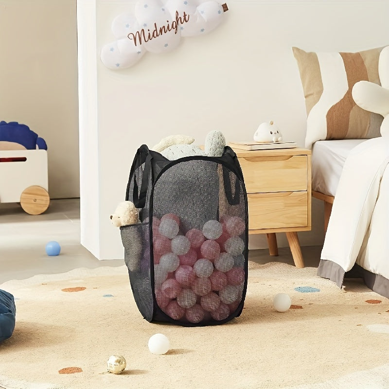 Durable and Portable Mesh Pop-Up Laundry Hamper with Large Capacity - Convenient Handles, Collapsible Design, Ideal for Dorms, Bathrooms, and Travel - Features Side Pocket for Added Storage - Perfect Laundry Solution for Bathroom, Bedroom, Laundry Room