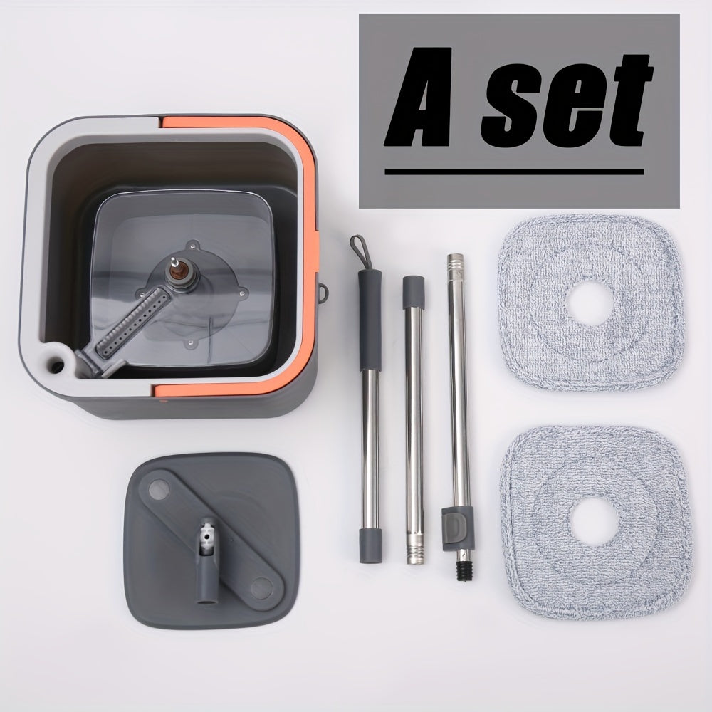 The All-in-One Spin Mop and Bucket Set includes 1 bucket, 1 stainless steel handle, and 4 reusable microfiber heads. This easy wringing flat mop is perfect for wet and dry floor cleaning in any room of the house, including the living room, bedroom