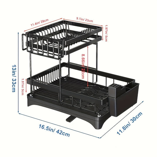 Black double-layer detachable kitchen draining rack for household use. Features water guide pipe, bowl and chopstick holder, knife and fork holder, water cup and plate storage.