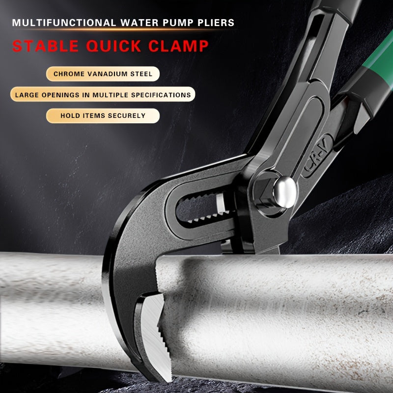 Industrial-grade chrome vanadium steel multi-tool with large opening pliers, wrench, and water tube spanner.