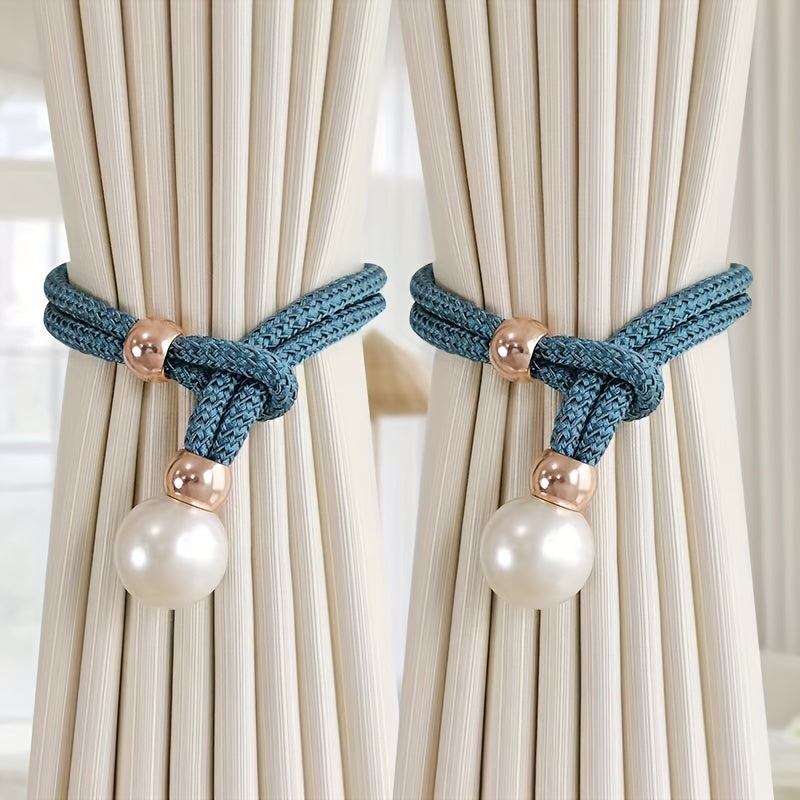 Set of 2 French Curtain Straps Featuring Faux Pearl Decor, Perfect for Home Decoration. Use these Faux Beads Curtain Straps to Adjust, Bind, or Tie Back Your Curtains. These Simple Binding Rope Accessories serve as Curtain Holdbacks for a stylish touch.