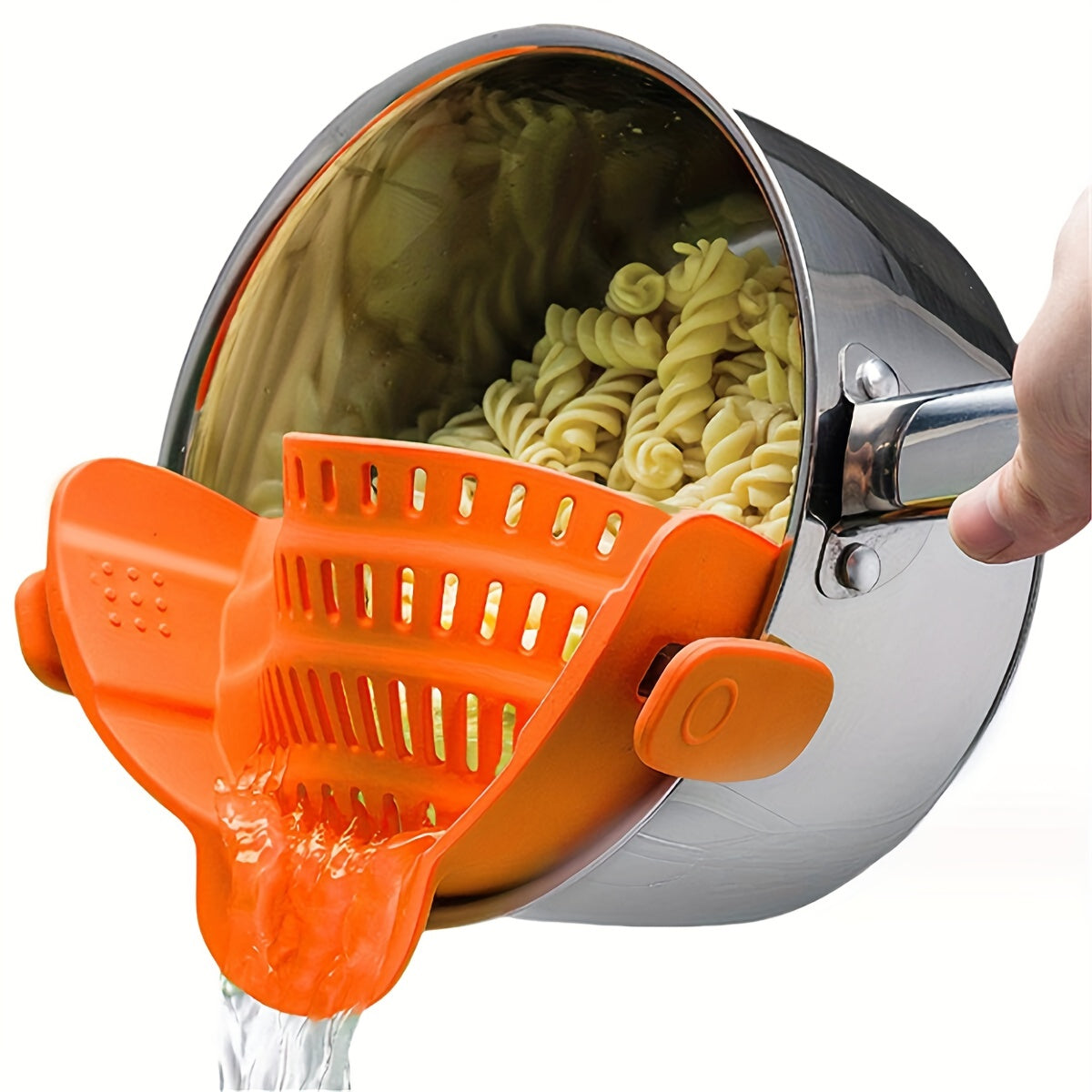 Adjustable clip-on strainer for pots and pans, made of plastic. Perfect for straining pasta, meat, vegetables, and fruit. An essential kitchen colander accessory.