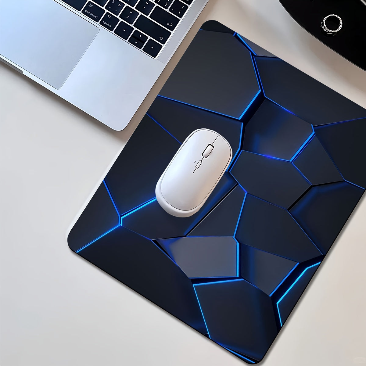 Stylish geometric gaming mouse pad with durable, waterproof, non-slip design. Ideal for gamers, offices, and study. Made of polyester material, no battery required.