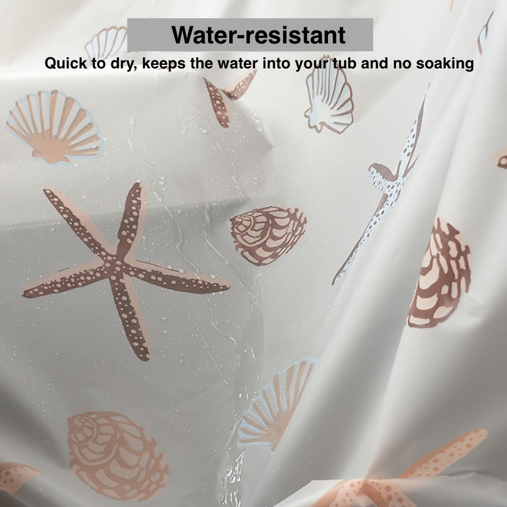 Durable plastic shower curtain liner with starfish shells design, waterproof, transparent, 180.34cm W x 180.34cm H, perfect for ocean-themed bathrooms.