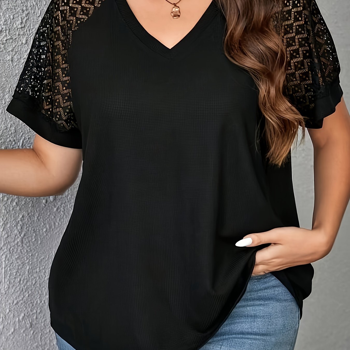 Stylish V-Neck Lace Panel T-Shirt for Women - Solid Color, Polyester Knit, Short Sleeve Casual Top for Spring/Summer