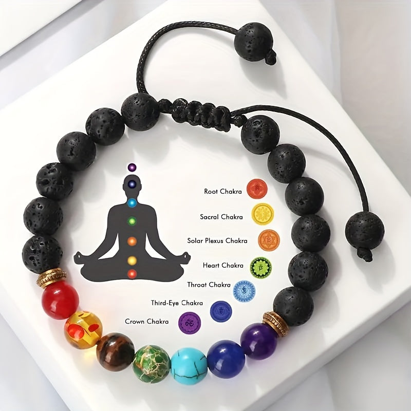 Adjustable stretch bracelet made of natural lava rock beads with 7 chakras healing properties, featuring a simple tribal style. Perfect for daily wear or special occasions to promote balance and meditation.