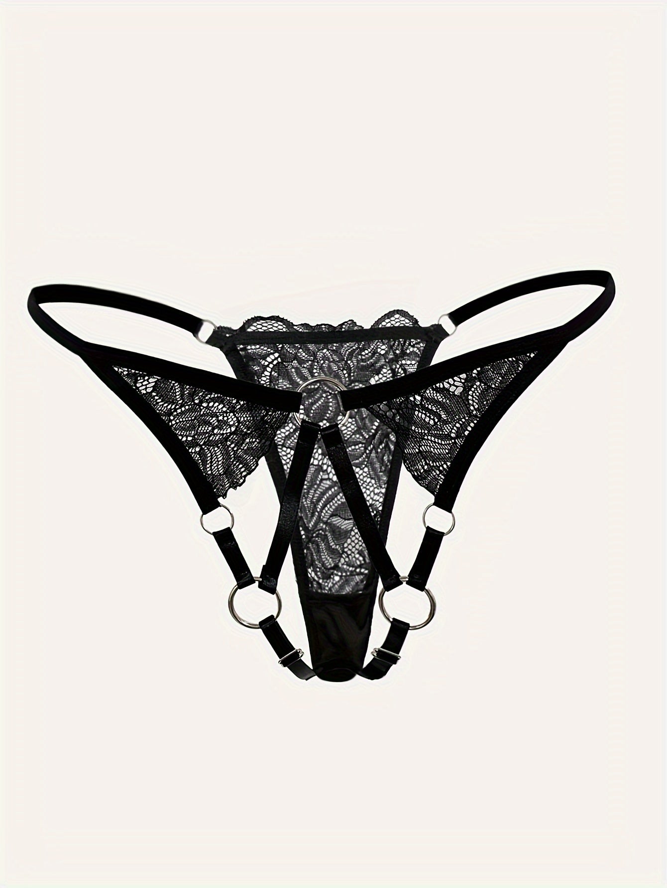 Lace thong with metal ring and see-through design