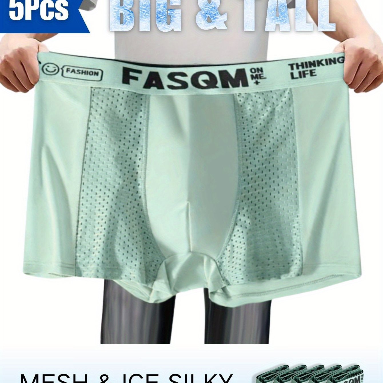 5-pack of breathable mesh boxer briefs in plus sizes, made from stretchy polyester and spandex, featuring solid colors with contrast mesh detail, knit fabric, 125gsm weight, available in