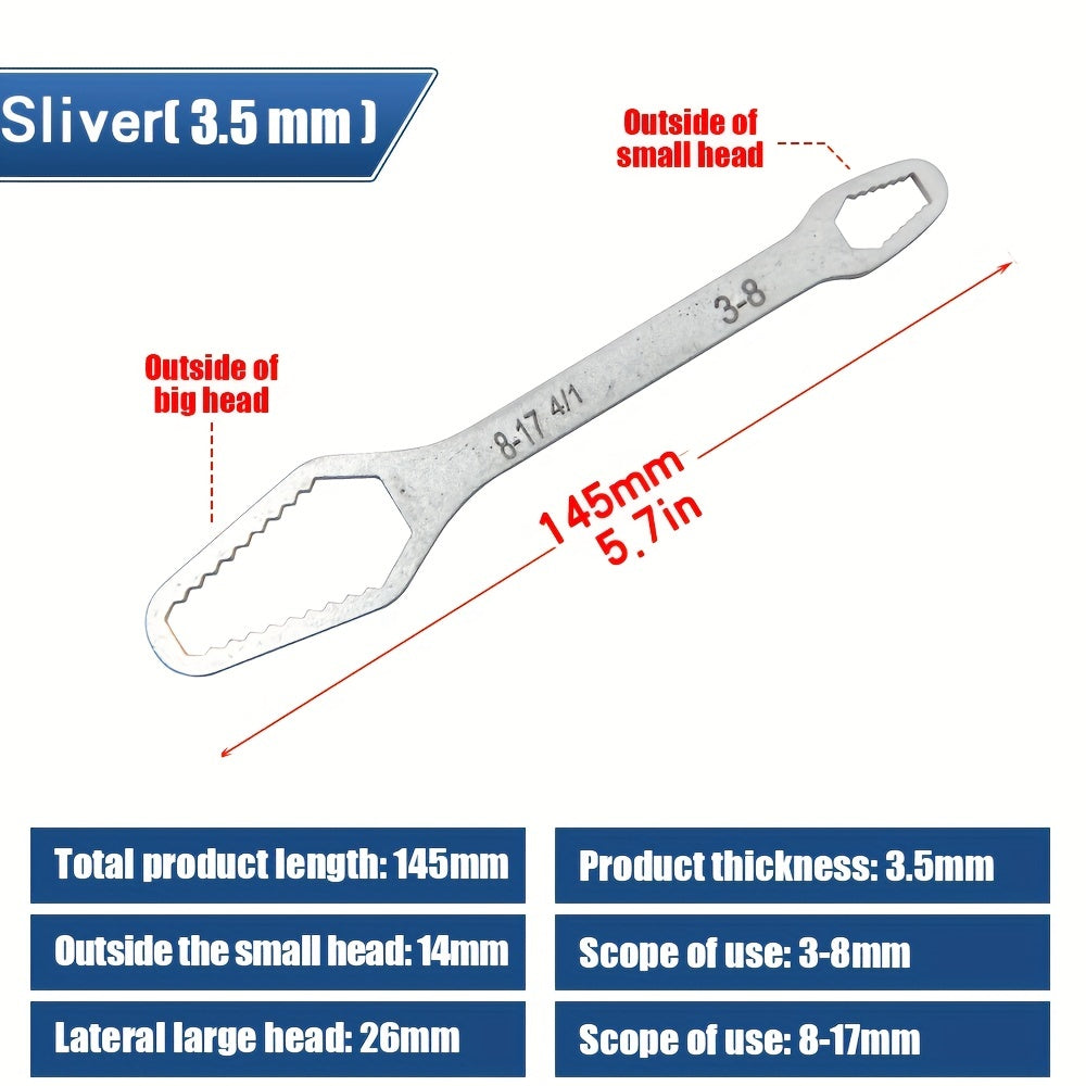 Double-ended plum wrench with 3.5mm thickness for tightening various screws and nuts. Suitable for diameters 8-22mm/3-17mm.