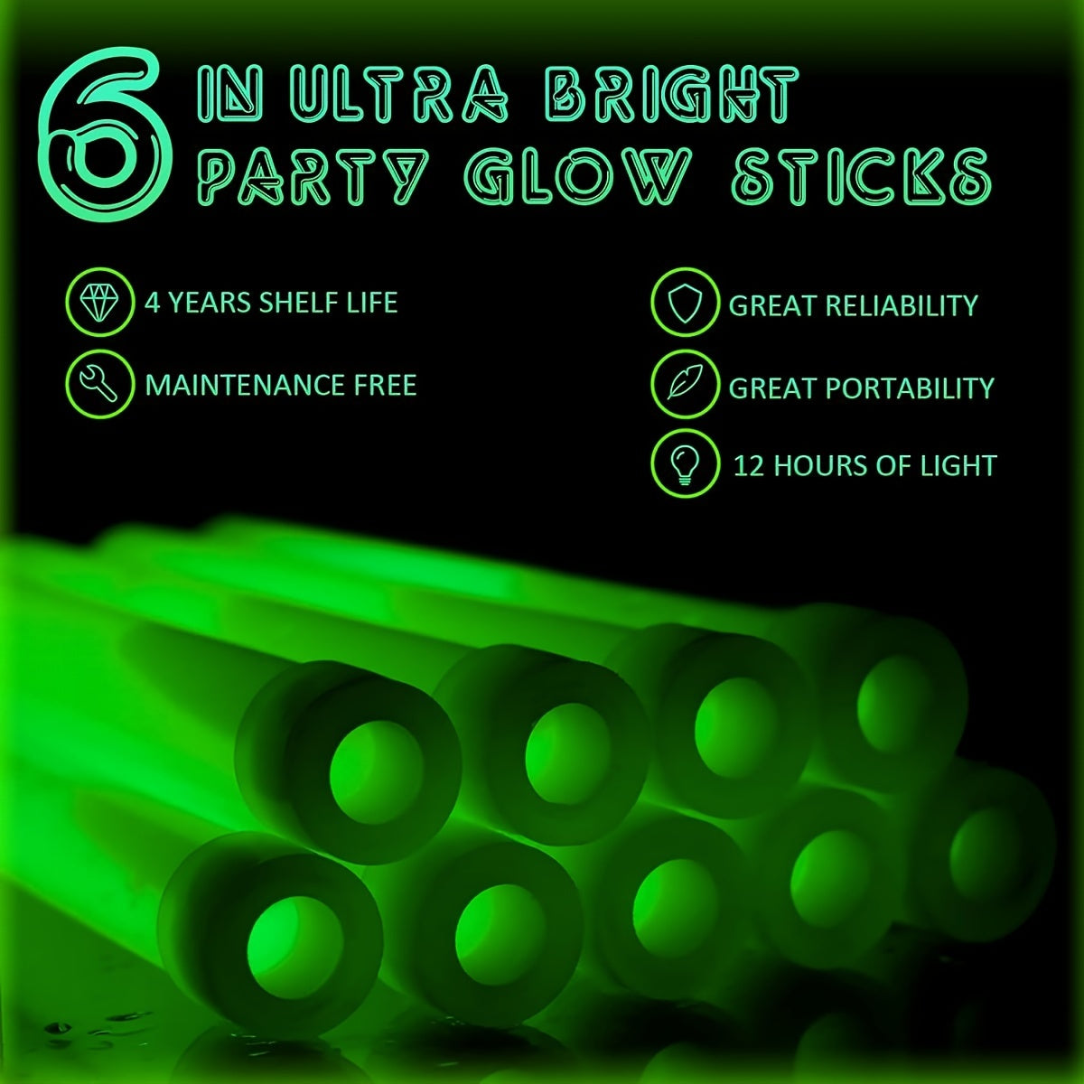 6pcs Niceglow 6-Inch Large Green Glow Sticks - Industrial-grade with 12-hour extended life. Ideal for camping, emergencies, parties, and more. Durable chem lights, no power needed.