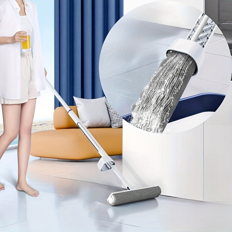 Hands-free self-wringing mop made of silicone and stainless steel, ideal for home use. This dual-purpose absorbent floor cleaning tool is suitable for wet and dry surfaces in various rooms such as the living room, bedroom, bathroom, and even outdoors.