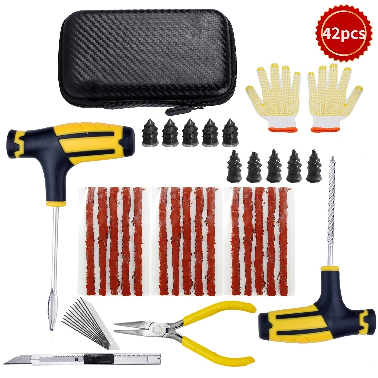 Tire repair kit for cars and motorcycles with easy puncture fix and durable metal tools.