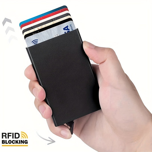 Aluminum RFID-blocking wallet with slim design for men and women, protects cards from damage and theft.