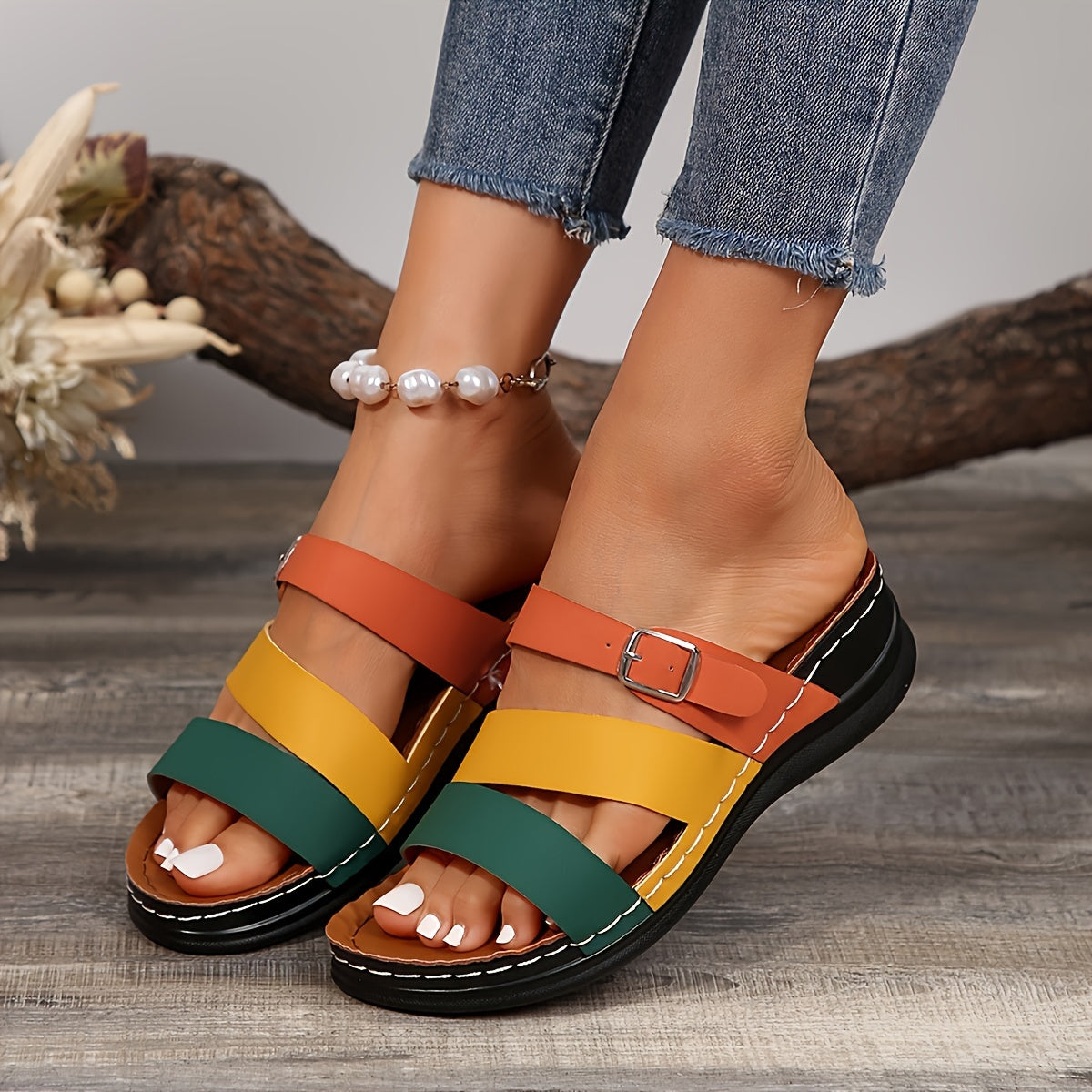 Colorblock slide sandals with thick sole and buckle strap in orange, green, yellow, black - stylish beach shoes.