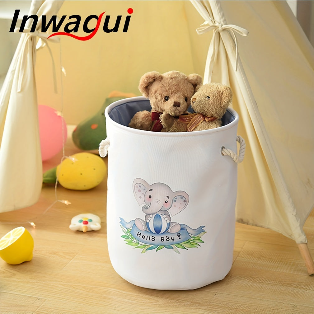 Large foldable laundry hamper with cute animal design, made of thick fabric. Features drawstring lids and can be used as a storage bin for clothes, toys, and other items in the nursery or home. A stylish and practical organizer.